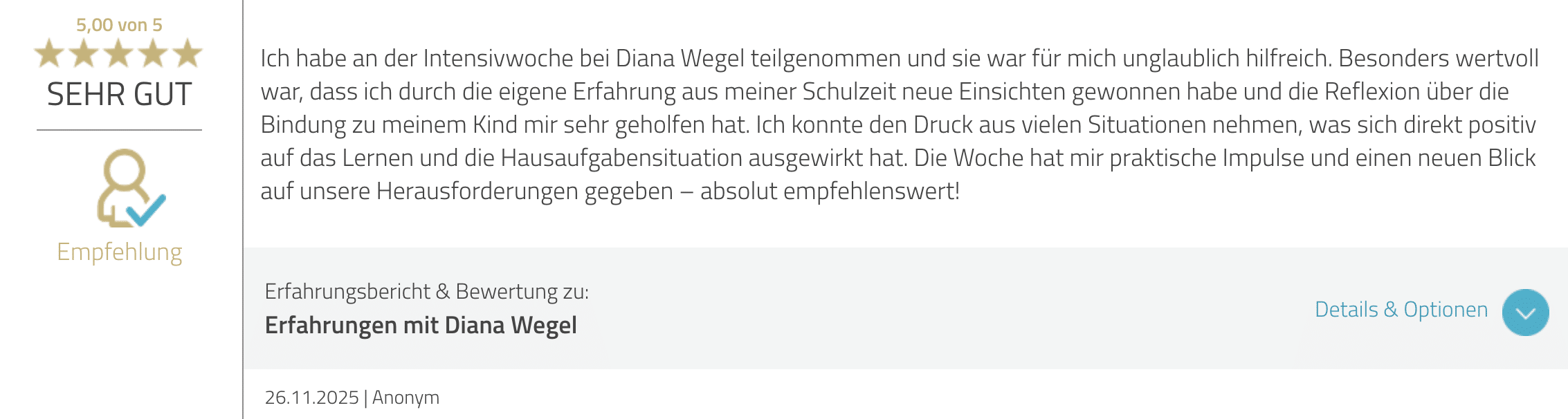 Text von Bewertung von Diana Wegel bei Proven Expert