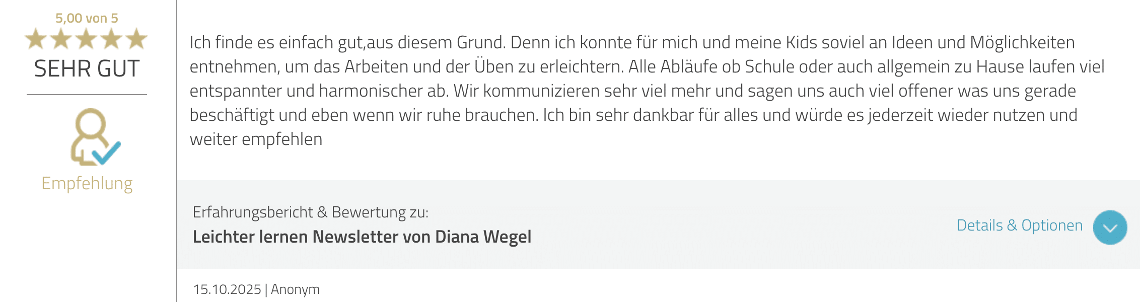 Text von Bewertung von Diana Wegel bei Proven Expert