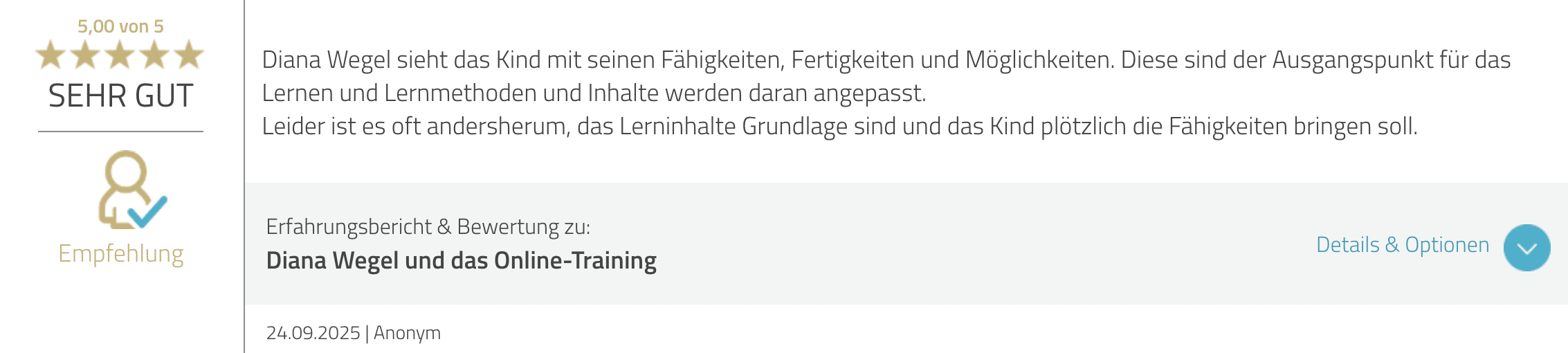 Text von Bewertung von Diana Wegel bei Proven Expert