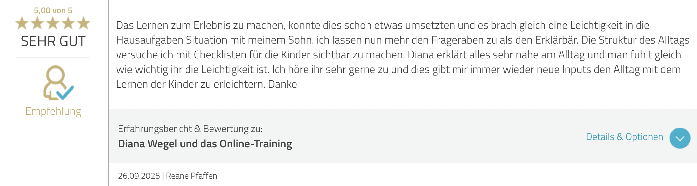 Text von Bewertung von Diana Wegel bei Proven Expert